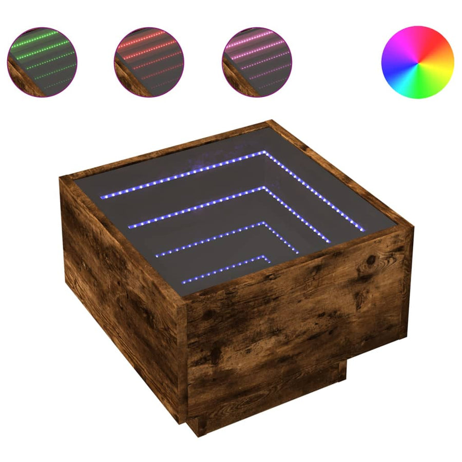 Bijzettafel met LED 40x40x30 cm bewerkt hout gerookt eikenkleur
