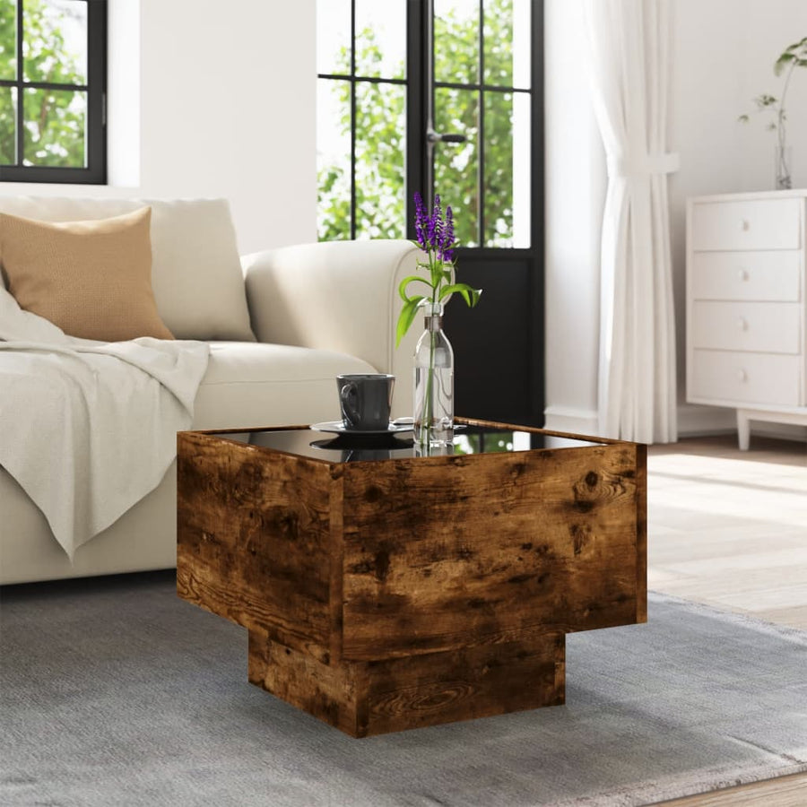 Bijzettafel met LED 40x40x30 cm bewerkt hout gerookt eikenkleur
