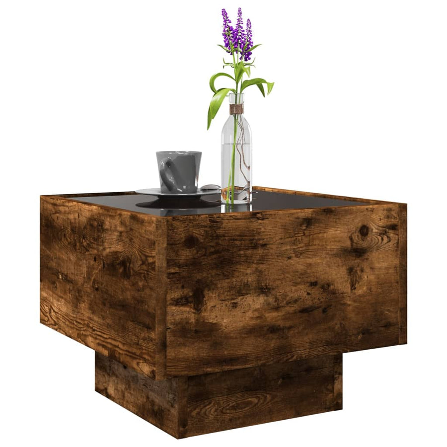 Bijzettafel met LED 40x40x30 cm bewerkt hout gerookt eikenkleur