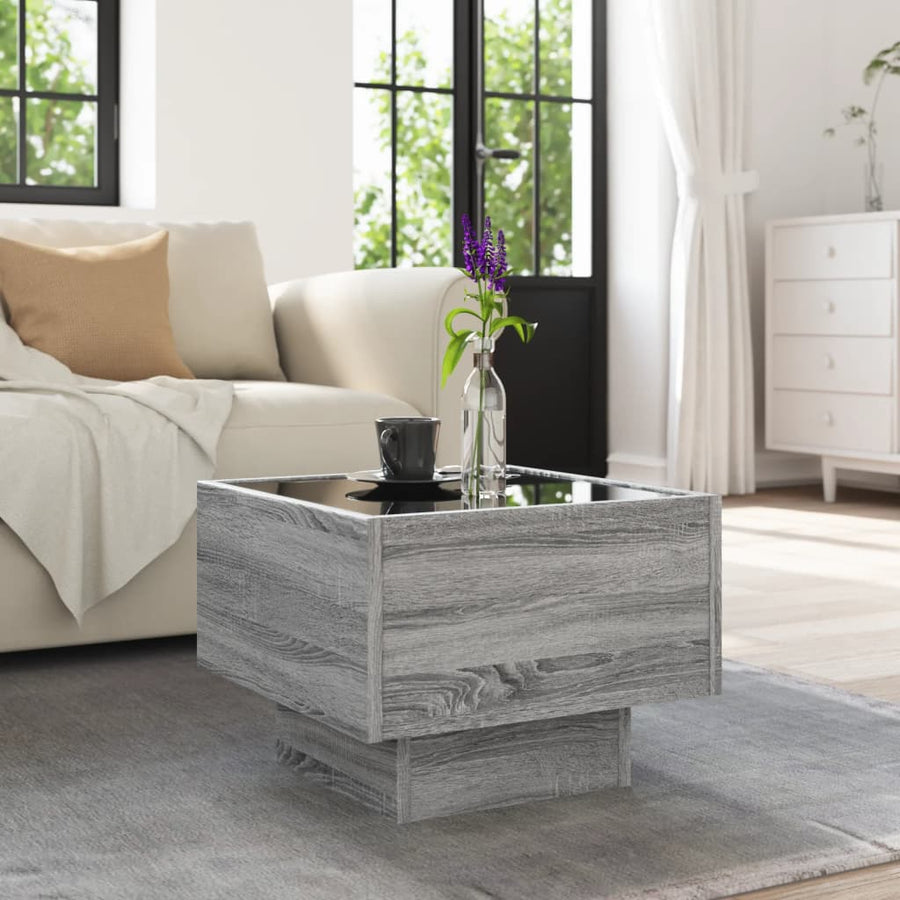 Bijzettafel met LED 40x40x30 cm bewerkt hout grijs sonoma eiken