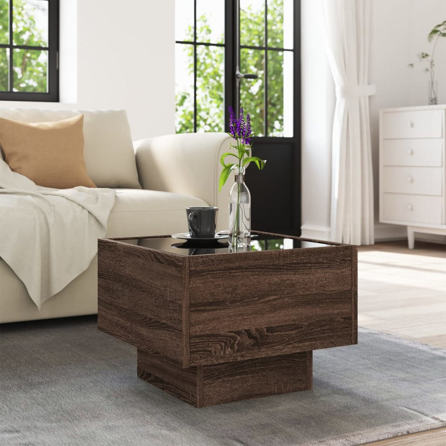 Bijzettafel met LED 40x40x30 cm bewerkt hout bruin eikenkleur