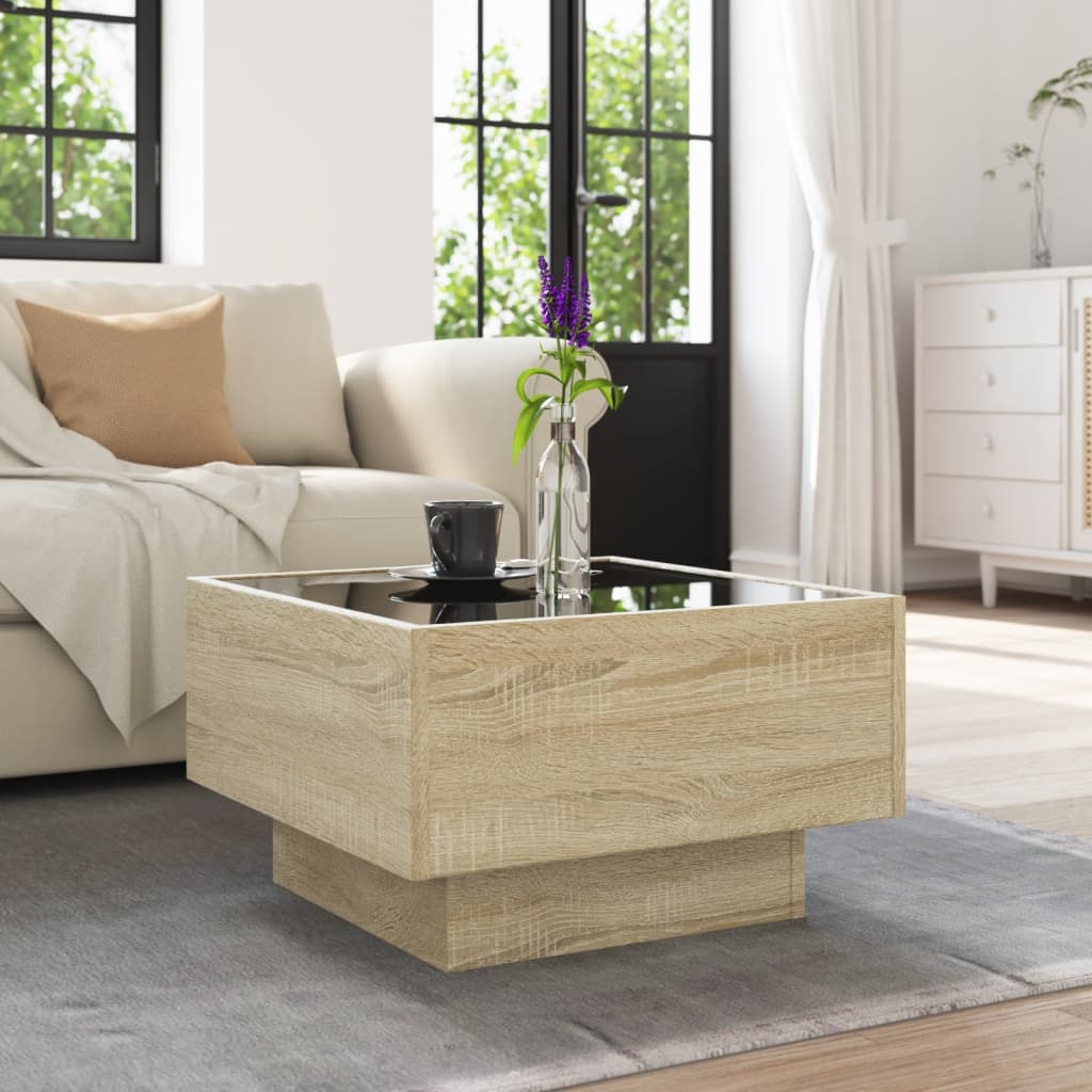 Salontafel met LED 50x50x30 cm bewerkt hout sonoma eikenkleurig