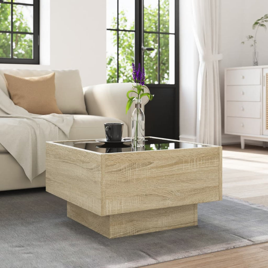 Salontafel met LED 50x50x30 cm bewerkt hout sonoma eikenkleurig