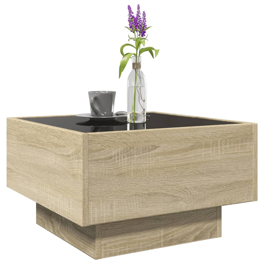 Salontafel met LED 50x50x30 cm bewerkt hout sonoma eikenkleurig