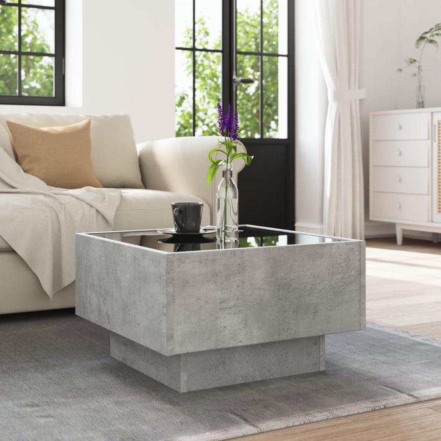 Salontafel met LED 50x50x30 cm bewerkt hout betongrijs