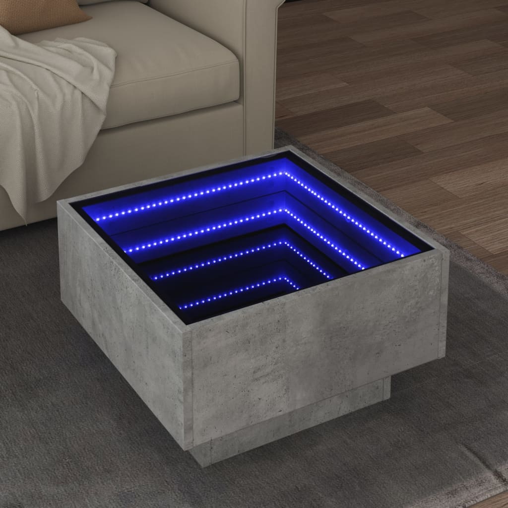 Salontafel met LED 50x50x30 cm bewerkt hout betongrijs