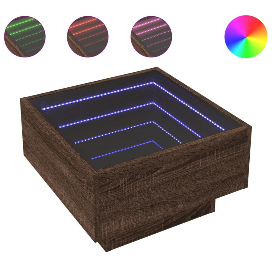 Salontafel met LED 50x50x30 cm bewerkt hout bruin eikenkleurig