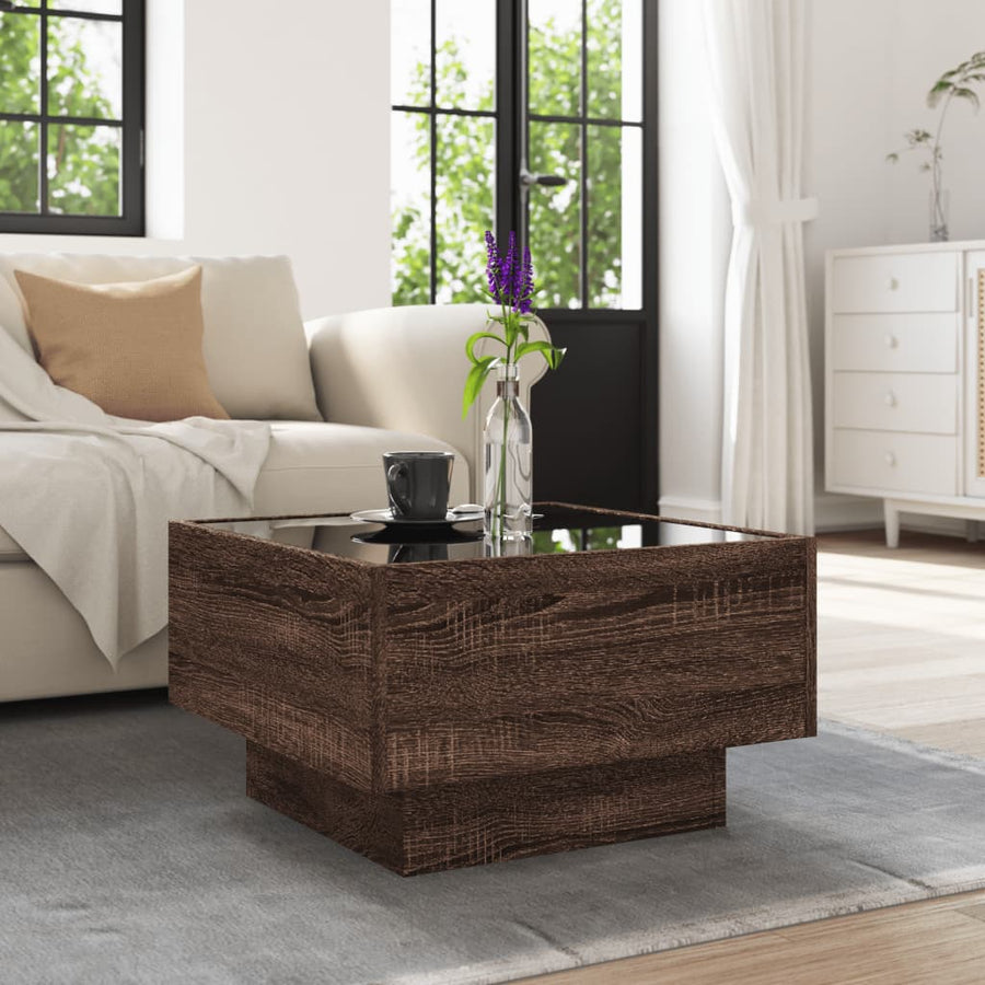 Salontafel met LED 50x50x30 cm bewerkt hout bruin eikenkleurig