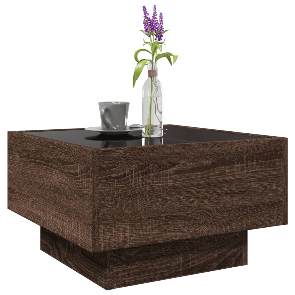 Salontafel met LED 50x50x30 cm bewerkt hout bruin eikenkleurig