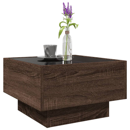 Salontafel met LED 50x50x30 cm bewerkt hout bruin eikenkleurig