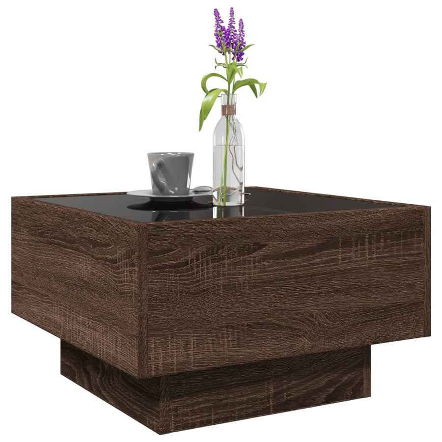 Salontafel met LED 50x50x30 cm bewerkt hout bruin eikenkleurig