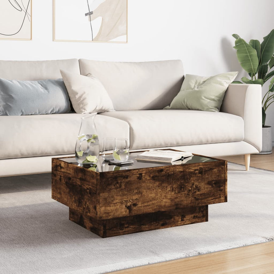 Salontafel met LED 70x50x30 cm bewerkt hout gerookt eikenkleur