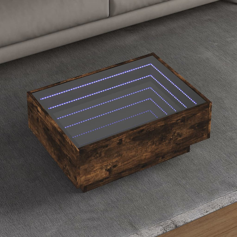 Salontafel met LED 70x50x30 cm bewerkt hout gerookt eikenkleur