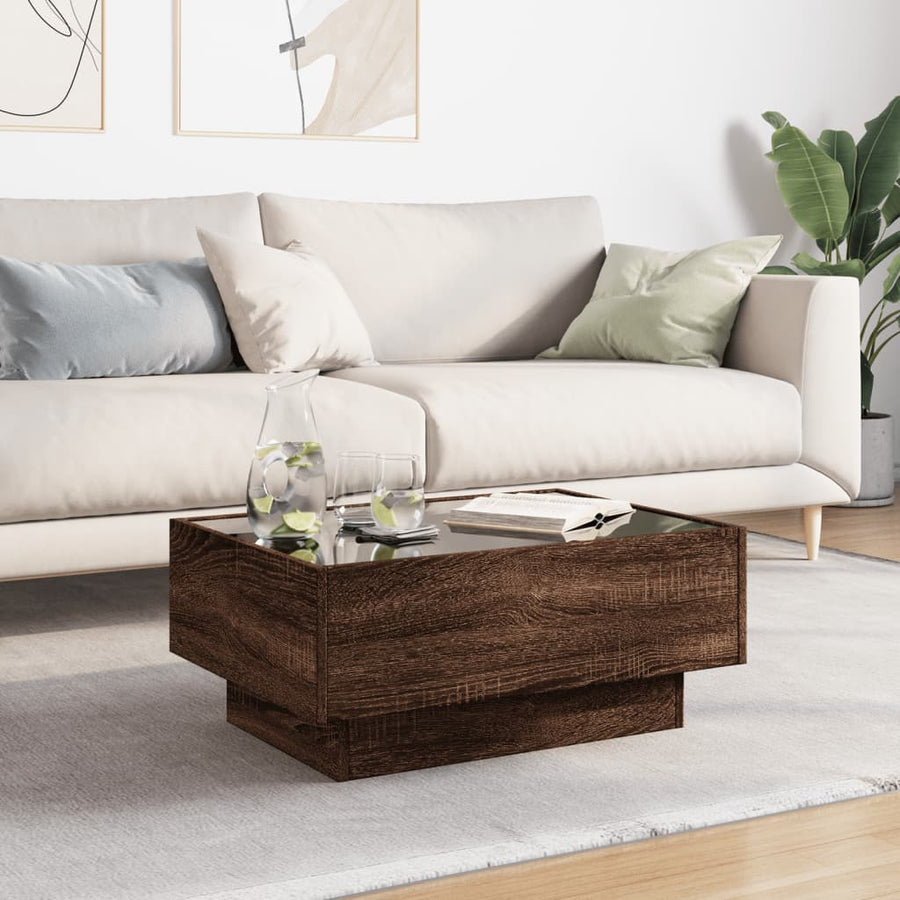 Salontafel met LED 70x50x30 cm bewerkt hout bruin eikenkleurig