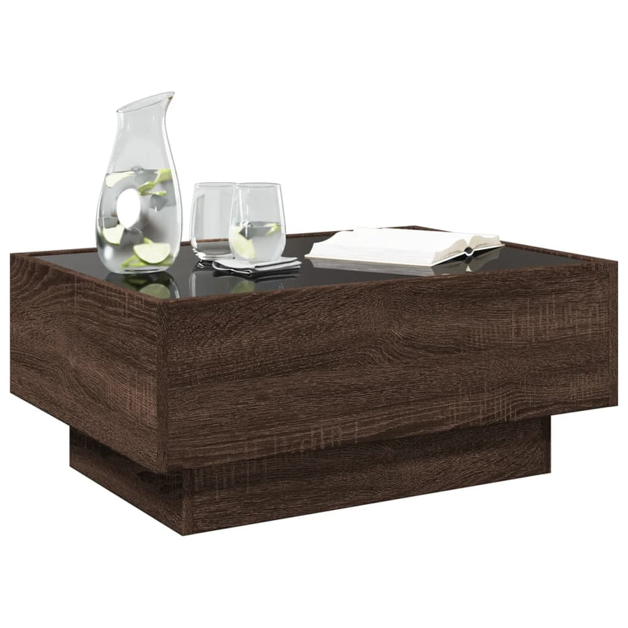 Salontafel met LED 70x50x30 cm bewerkt hout bruin eikenkleurig