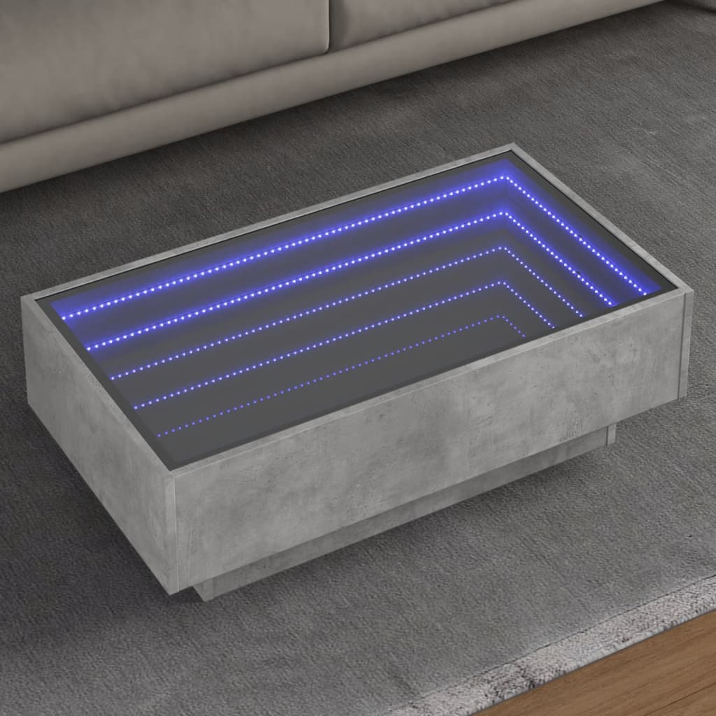 Salontafel met LED 90x50x30 cm bewerkt hout betongrijs