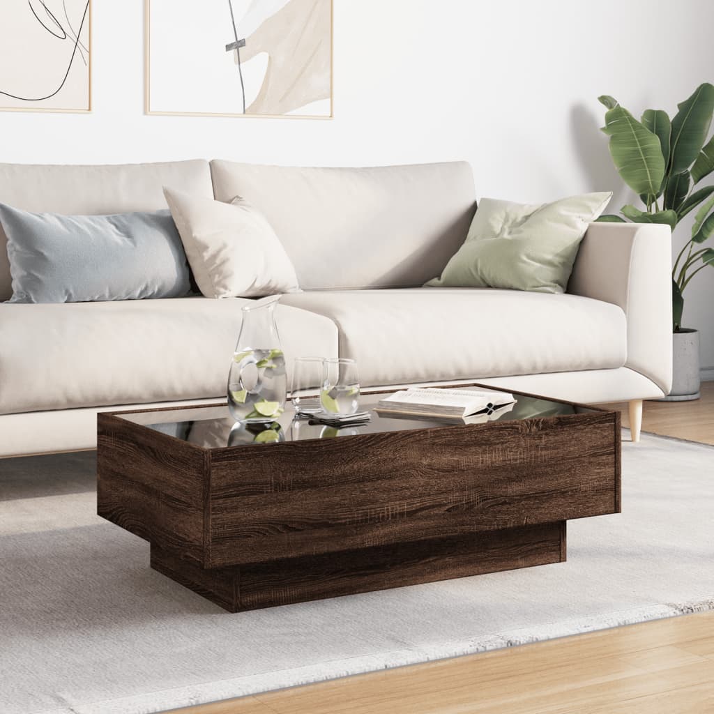 Salontafel met LED 90x50x30 cm bewerkt hout bruin eikenkleurig