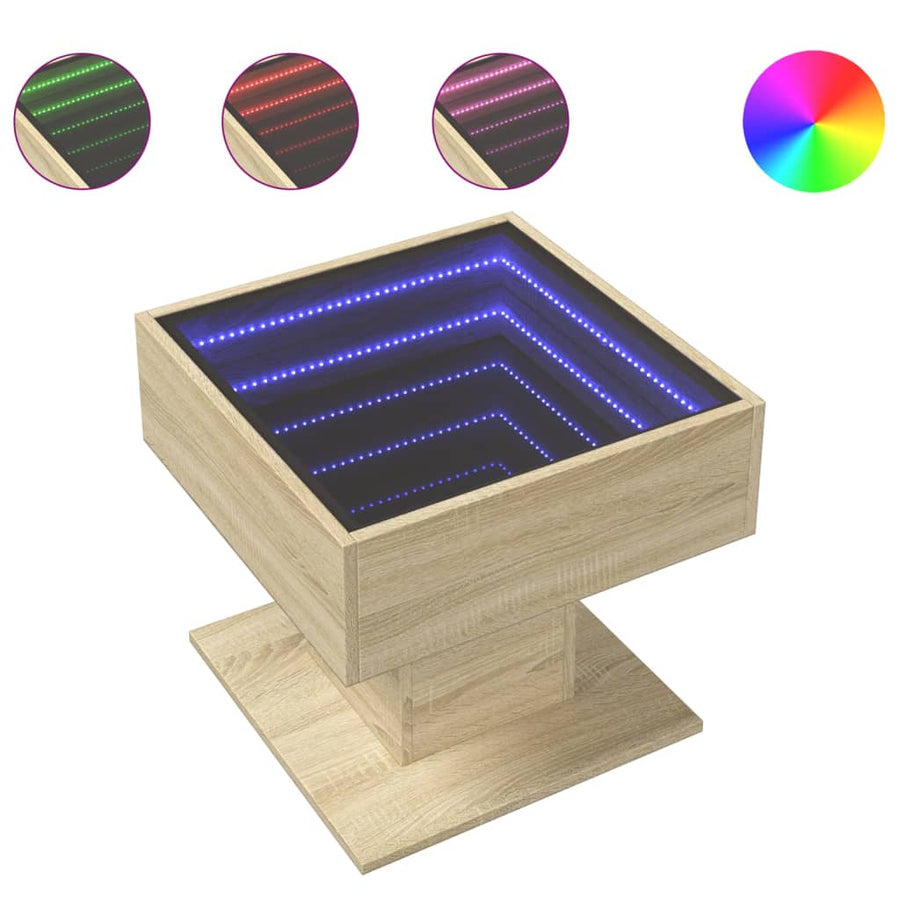 Salontafel met LED 50x50x45 cm bewerkt hout sonoma eikenkleurig