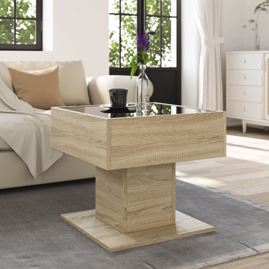 Salontafel met LED 50x50x45 cm bewerkt hout sonoma eikenkleurig
