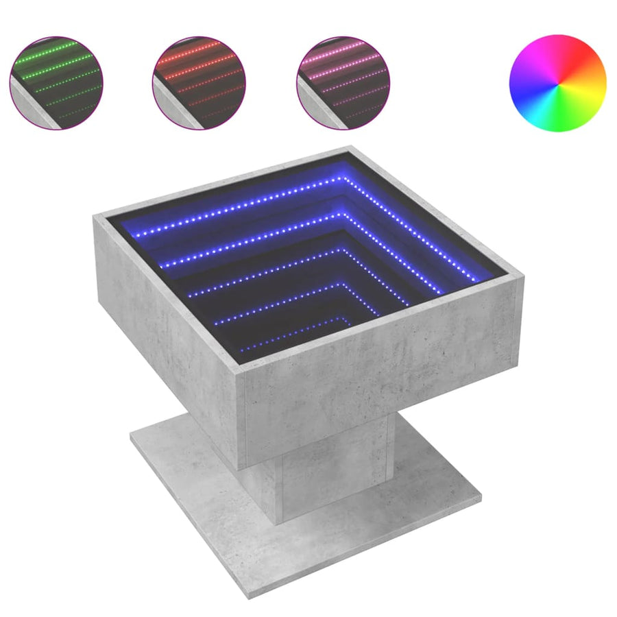 Salontafel met LED 50x50x45 cm bewerkt hout betongrijs