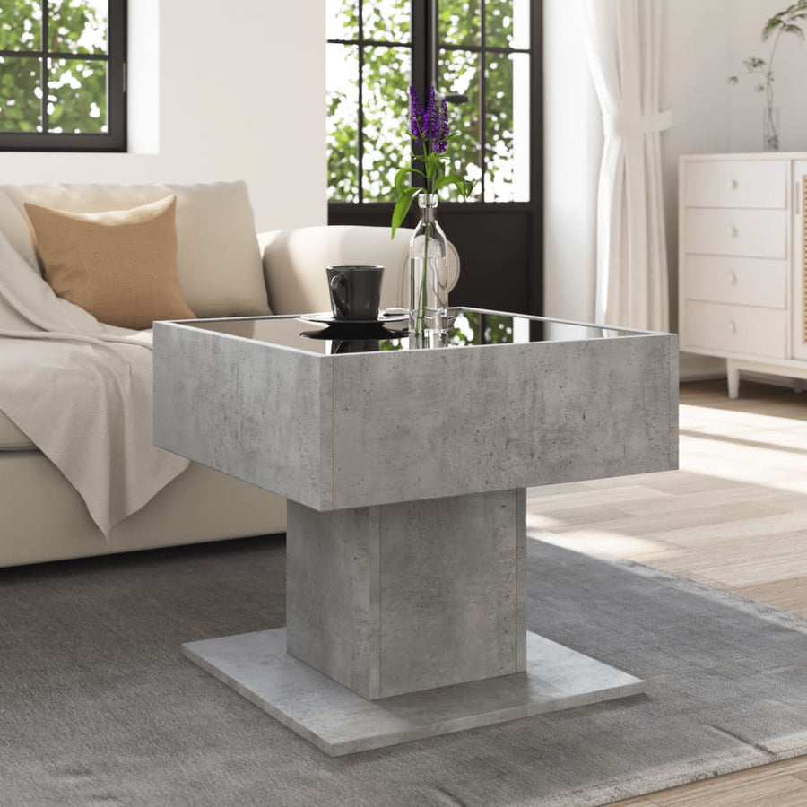 Salontafel met LED 50x50x45 cm bewerkt hout betongrijs