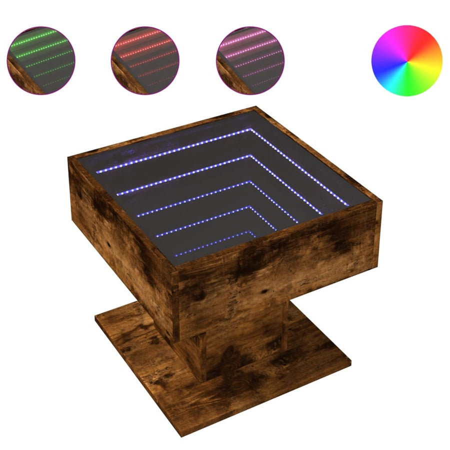 Salontafel met LED 50x50x45 cm bewerkt hout gerookt eikenkleur
