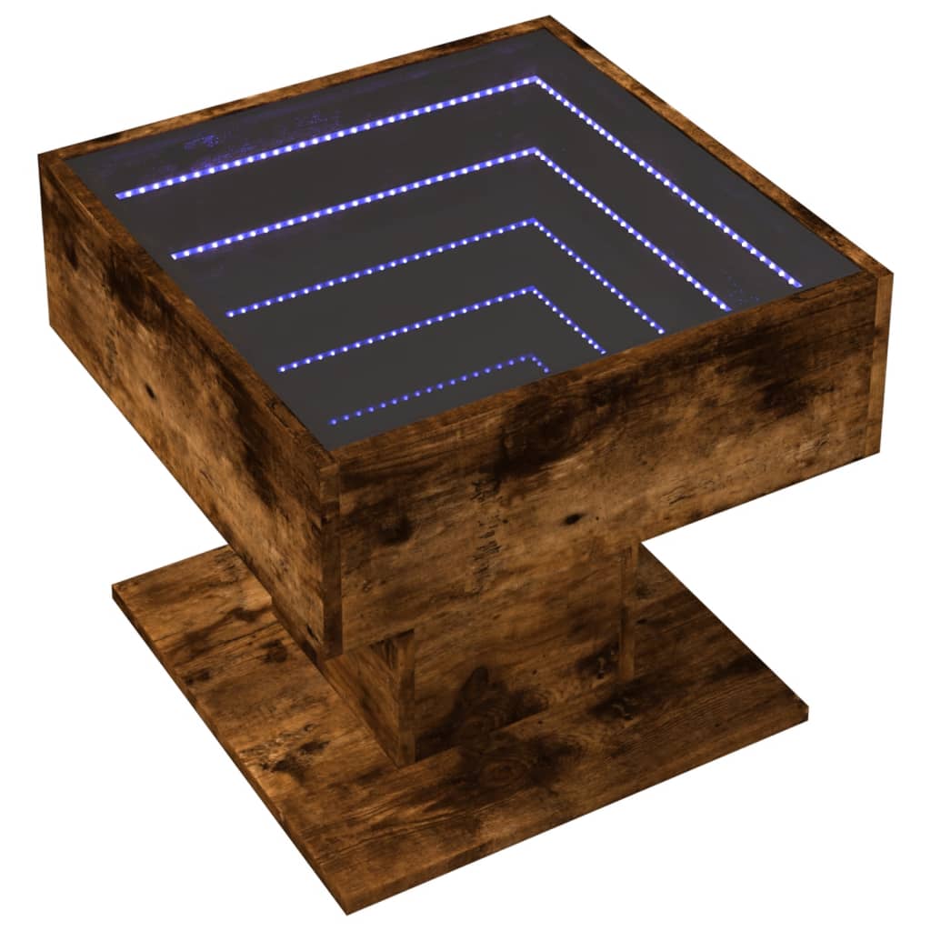 Salontafel met LED 50x50x45 cm bewerkt hout gerookt eikenkleur