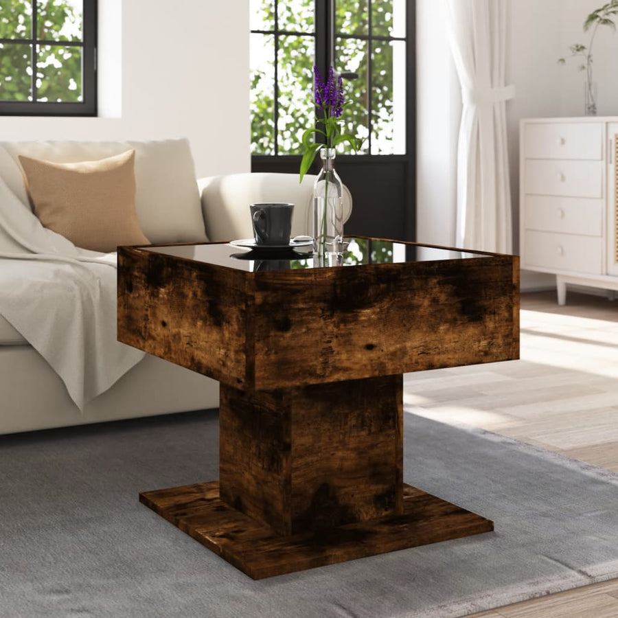 Salontafel met LED 50x50x45 cm bewerkt hout gerookt eikenkleur