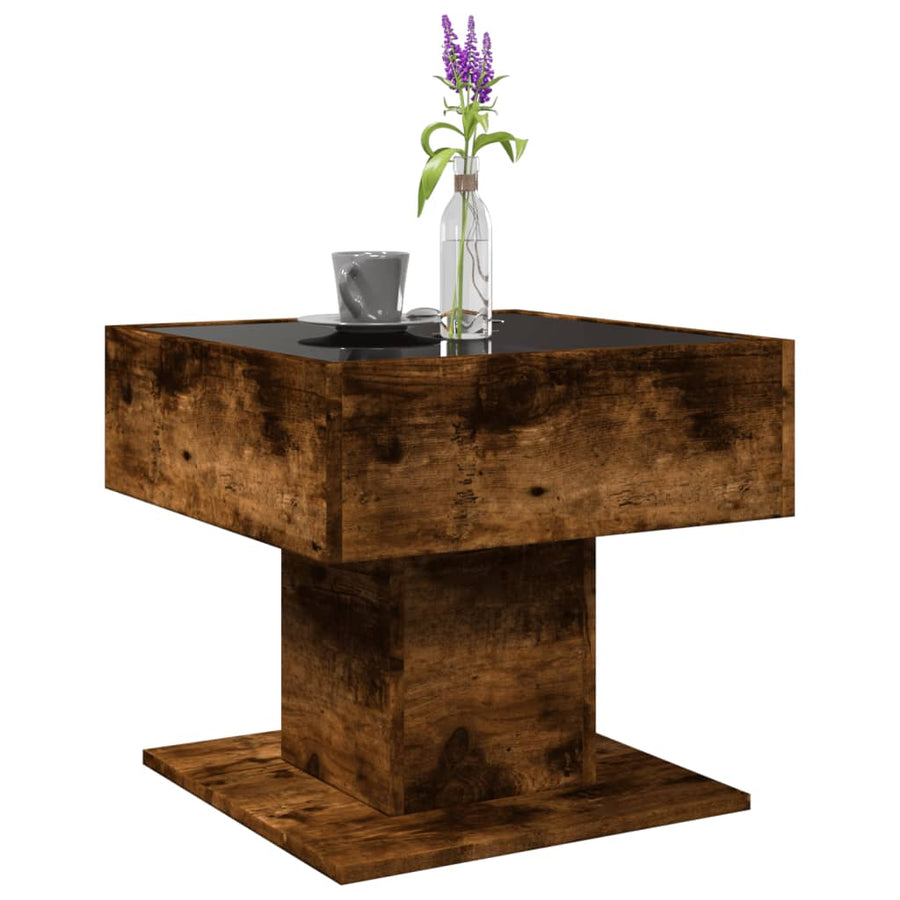 Salontafel met LED 50x50x45 cm bewerkt hout gerookt eikenkleur