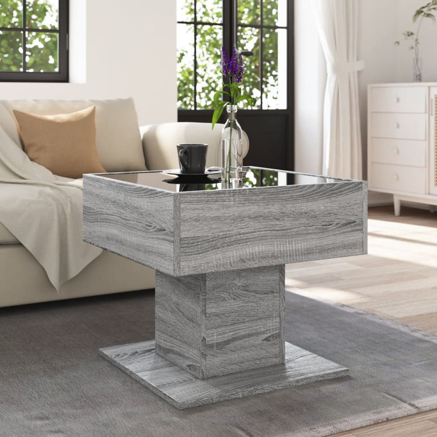 Salontafel met LED 50x50x45 cm bewerkt hout grijs sonoma eiken