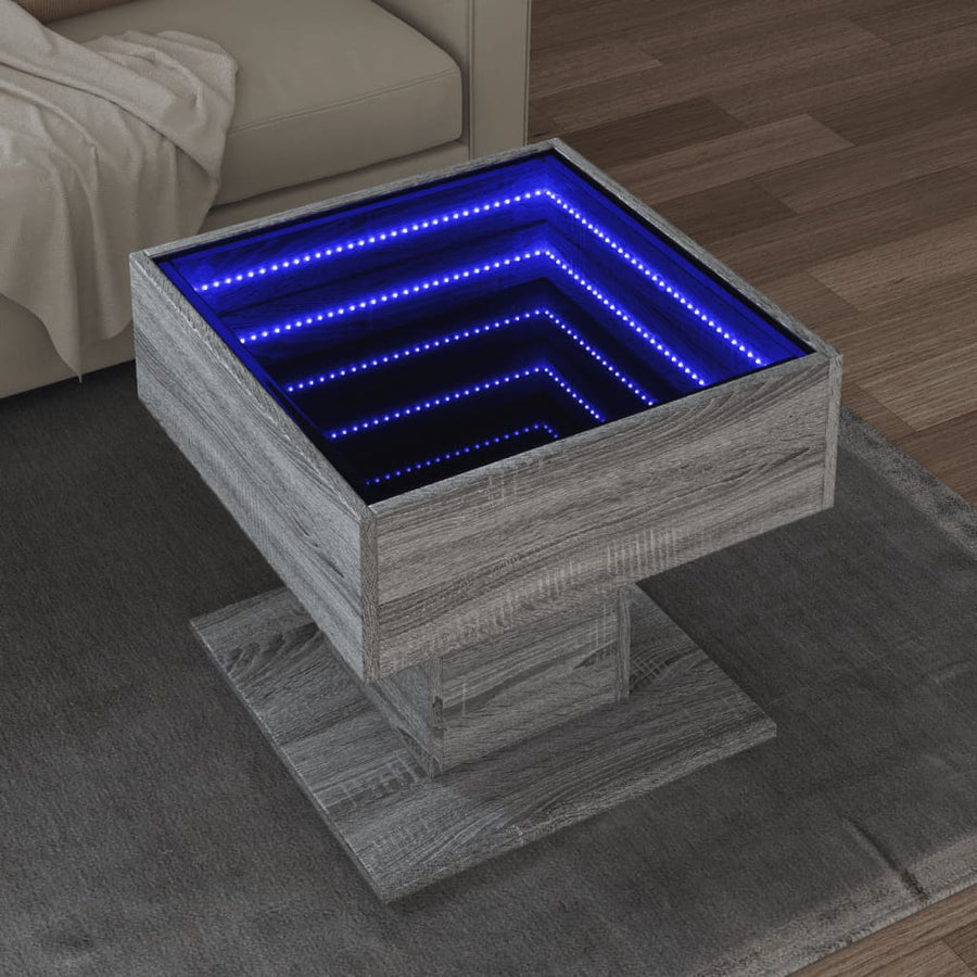 Salontafel met LED 50x50x45 cm bewerkt hout grijs sonoma eiken
