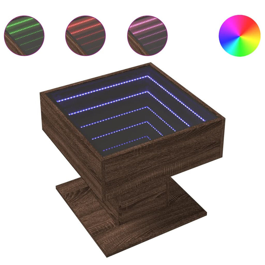 Salontafel met LED 50x50x45 cm bewerkt hout bruin eikenkleurig