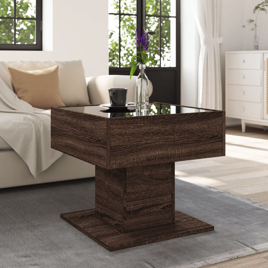 Salontafel met LED 50x50x45 cm bewerkt hout bruin eikenkleurig