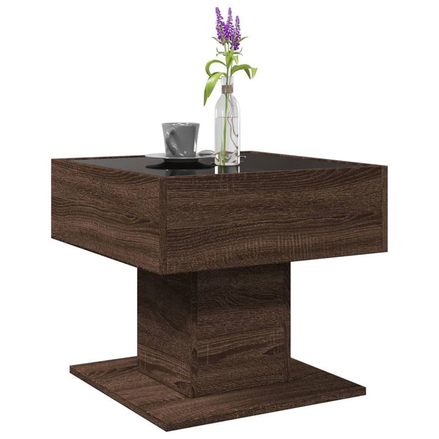 Salontafel met LED 50x50x45 cm bewerkt hout bruin eikenkleurig
