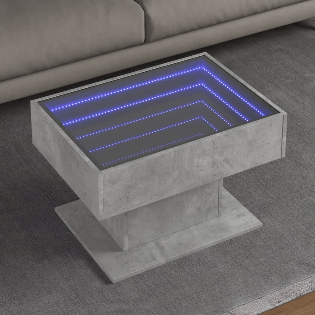 Salontafel met LED 70x50x45 cm bewerkt hout betongrijs