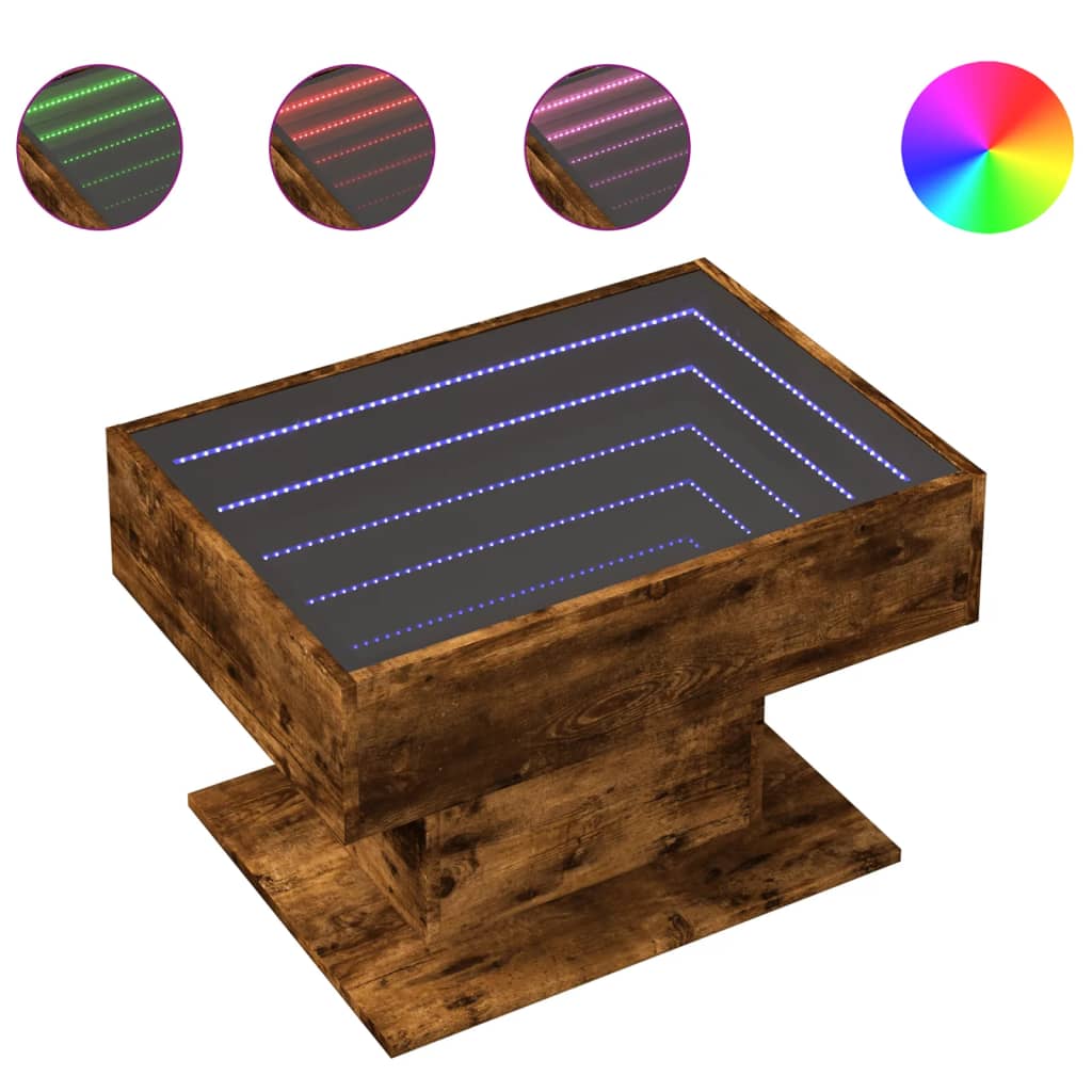 Salontafel met LED 70x50x45 cm bewerkt hout gerookt eikenkleur