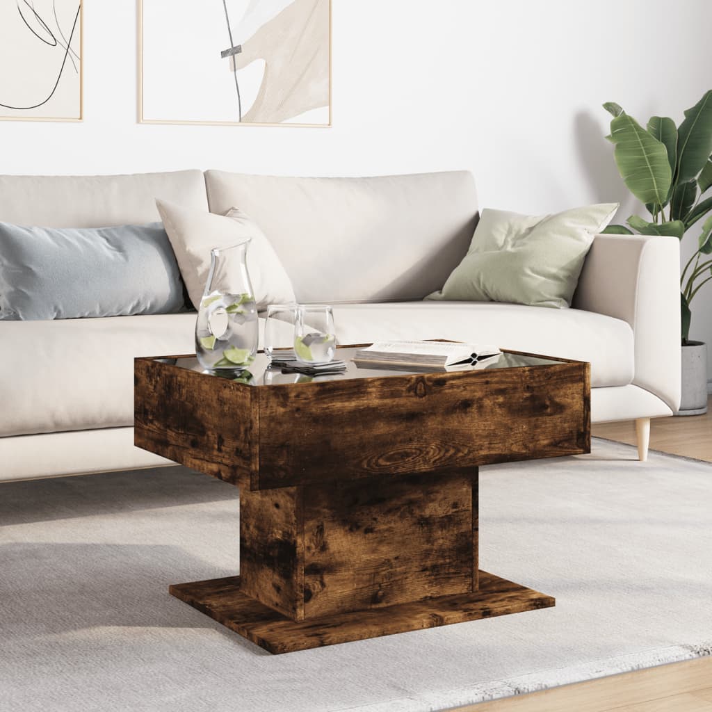 Salontafel met LED 70x50x45 cm bewerkt hout gerookt eikenkleur
