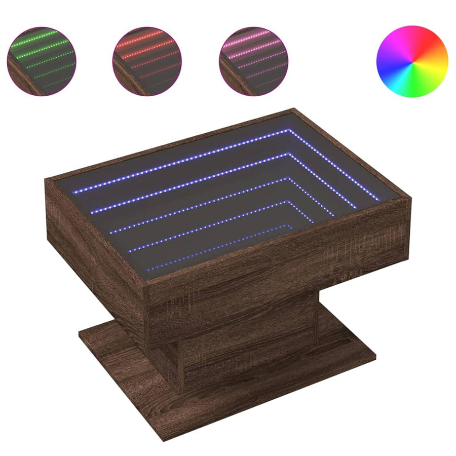 Salontafel met LED 70x50x45 cm bewerkt hout bruin eikenkleurig