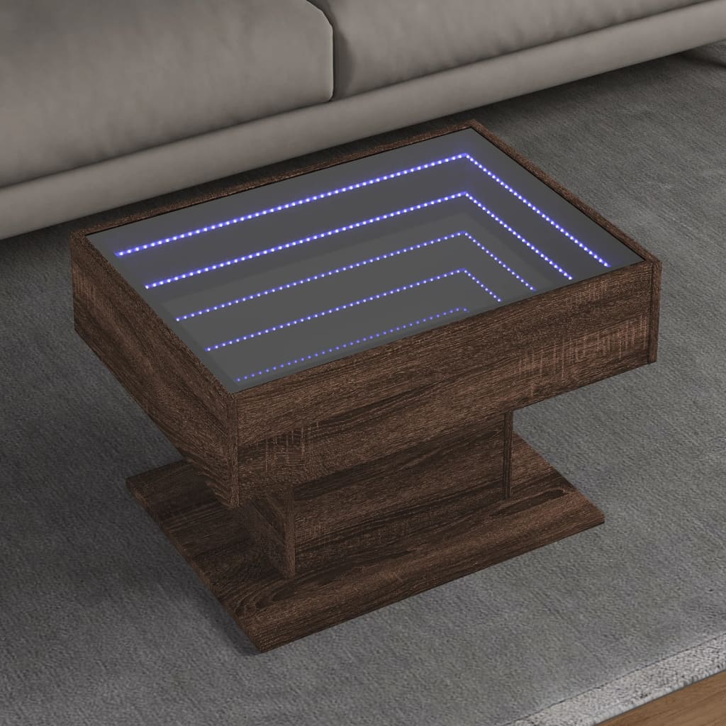 Salontafel met LED 70x50x45 cm bewerkt hout bruin eikenkleurig