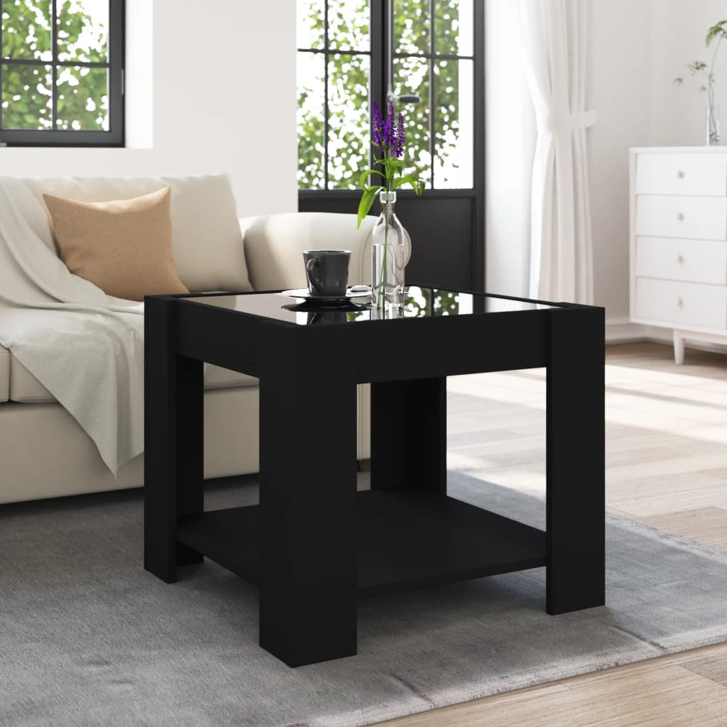 Salontafel met LED 53x53x45 cm bewerkt hout zwart