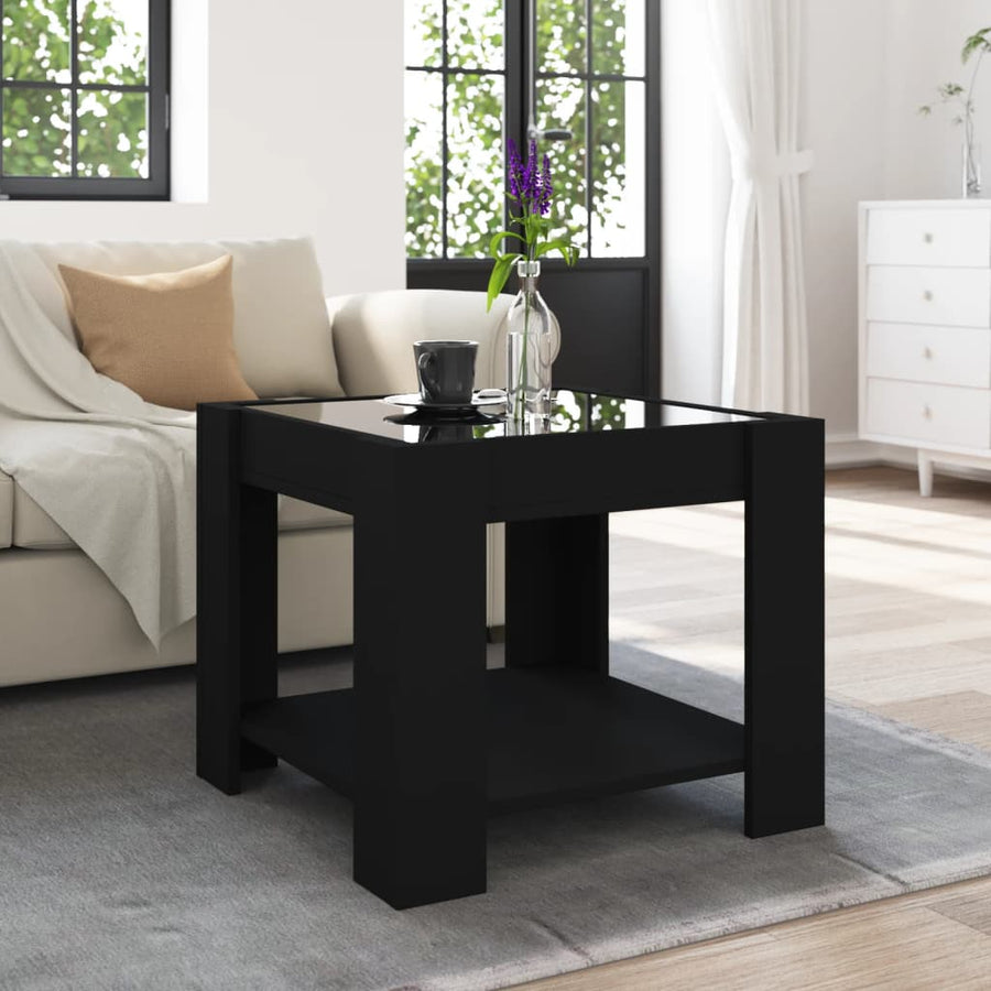 Salontafel met LED 53x53x45 cm bewerkt hout zwart