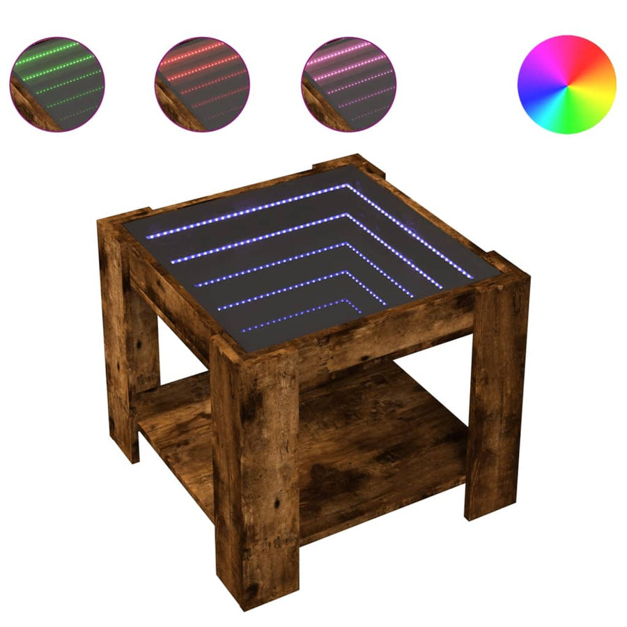 Salontafel met LED 53x53x45 cm bewerkt hout gerookt eikenkleur