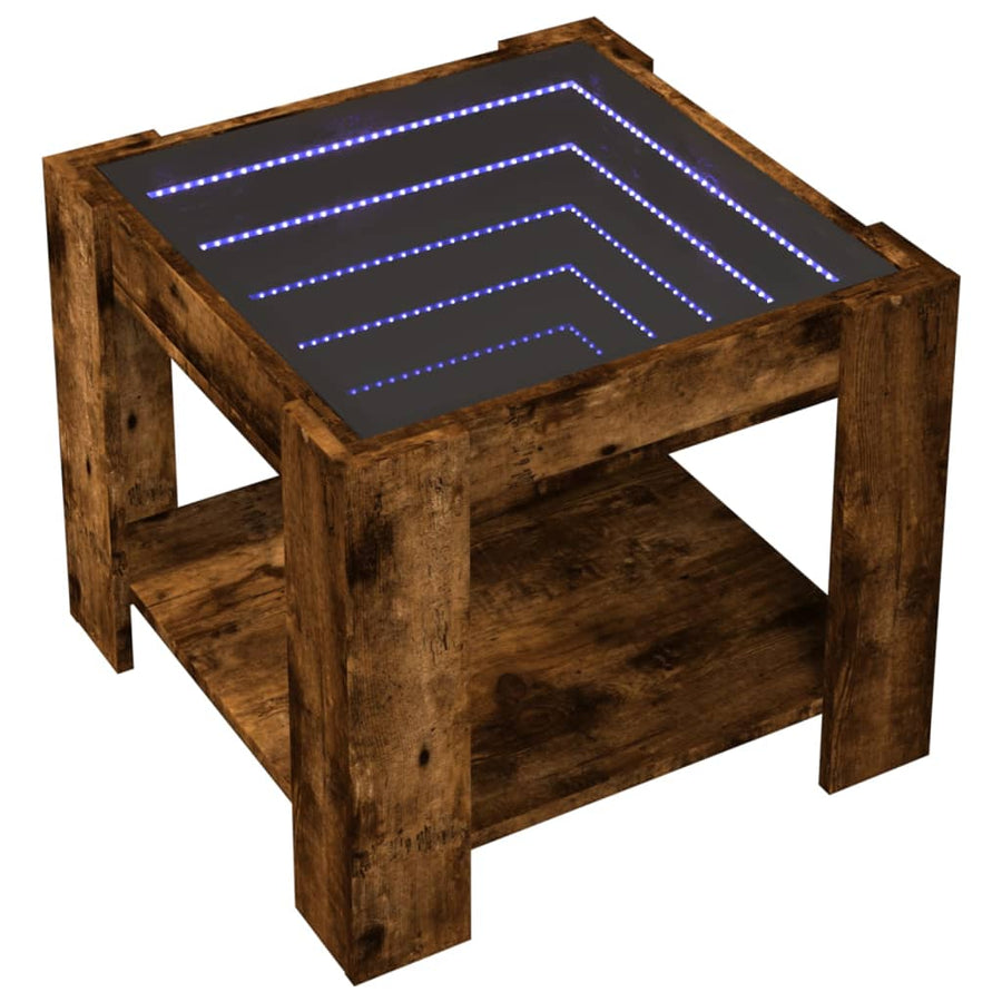 Salontafel met LED 53x53x45 cm bewerkt hout gerookt eikenkleur