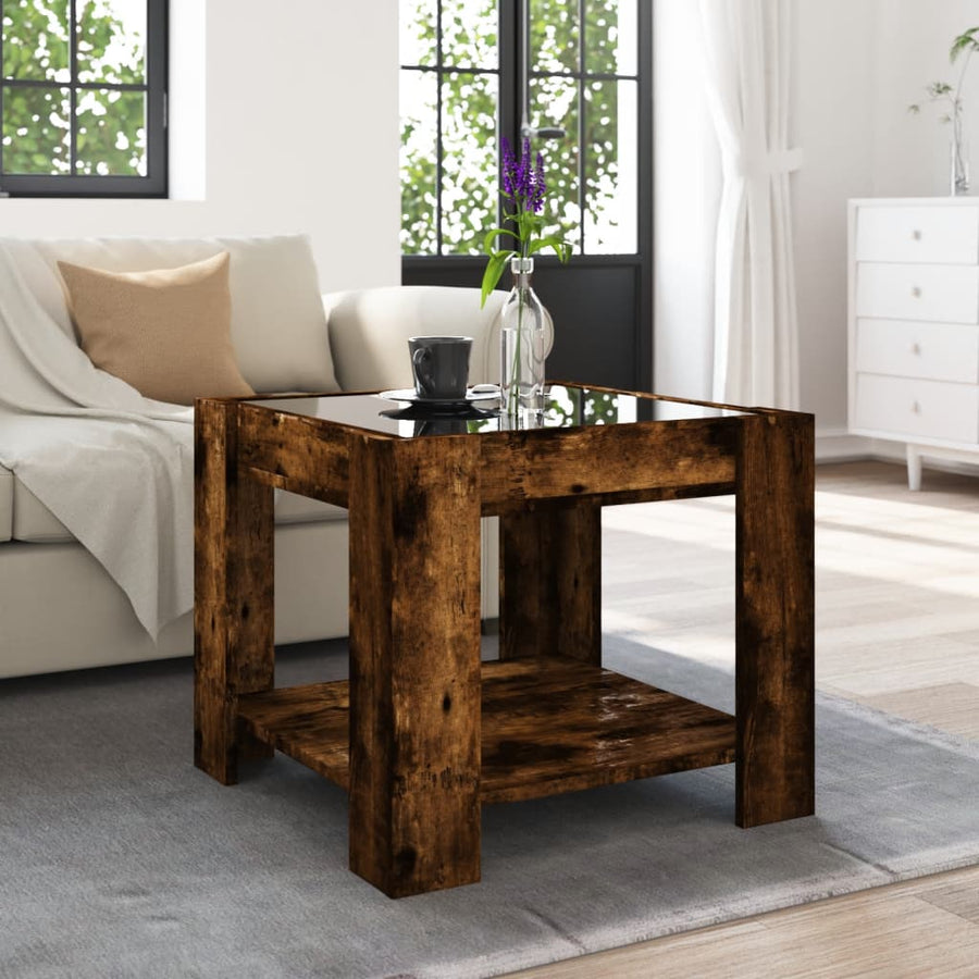 Salontafel met LED 53x53x45 cm bewerkt hout gerookt eikenkleur