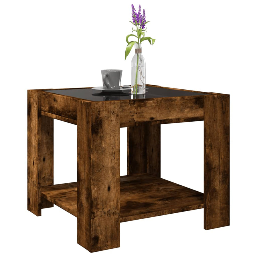 Salontafel met LED 53x53x45 cm bewerkt hout gerookt eikenkleur