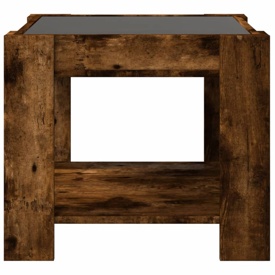 Salontafel met LED 53x53x45 cm bewerkt hout gerookt eikenkleur