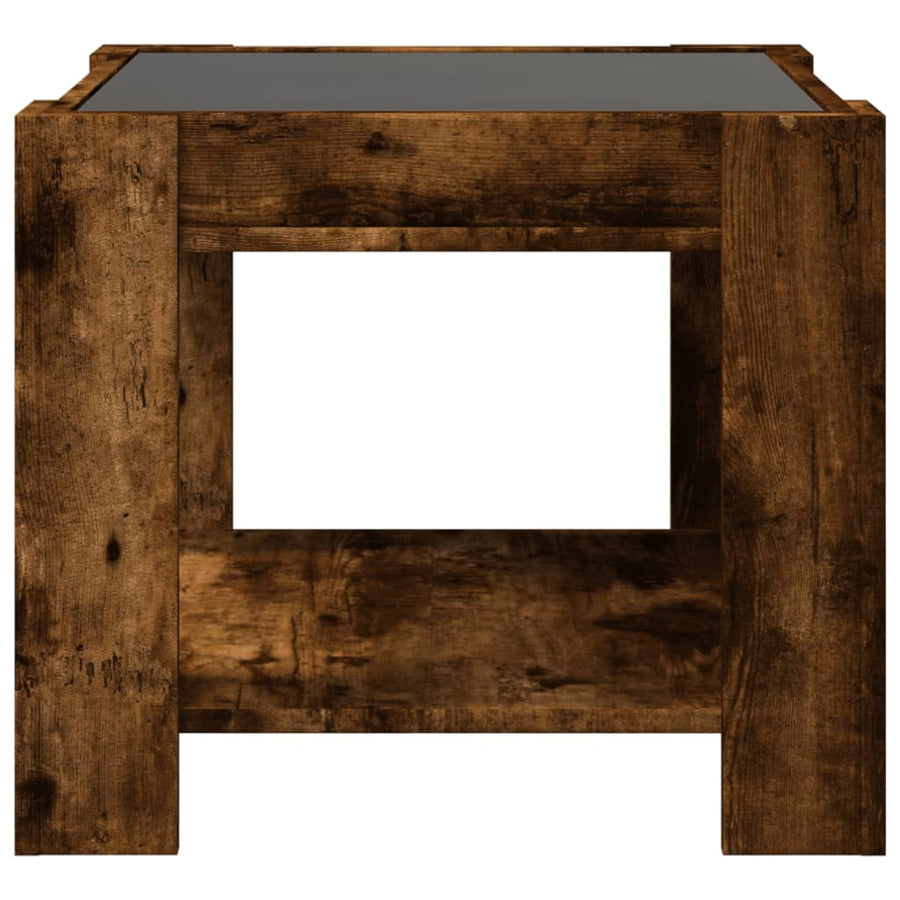 Salontafel met LED 53x53x45 cm bewerkt hout gerookt eikenkleur