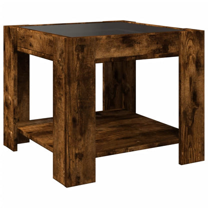 Salontafel met LED 53x53x45 cm bewerkt hout gerookt eikenkleur