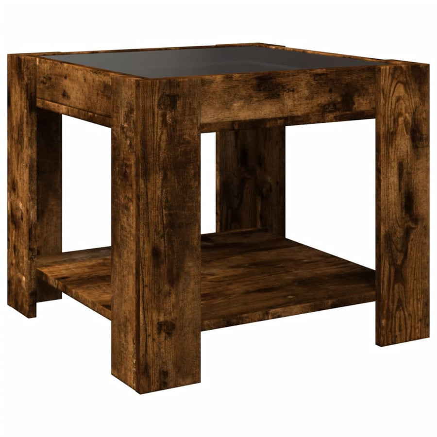 Salontafel met LED 53x53x45 cm bewerkt hout gerookt eikenkleur