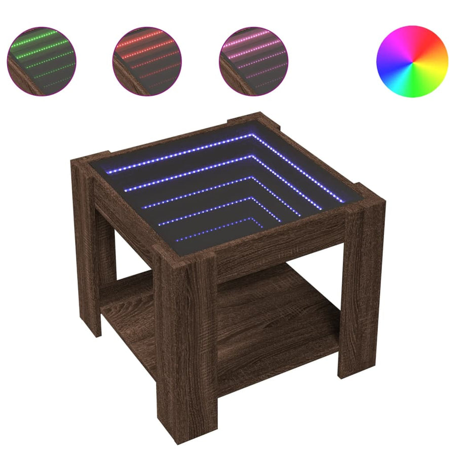 Salontafel met LED 53x53x45 cm bewerkt hout bruin eikenkleurig
